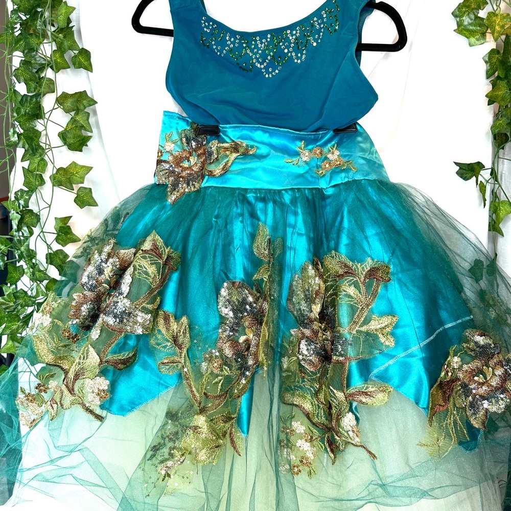 Blue and Green Embellished Tiered Prom Dress